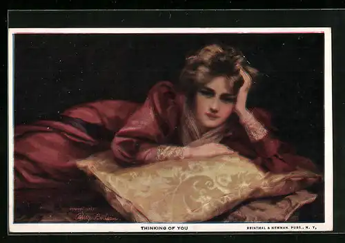 Künstler-AK Philip Boileau: Thinking of You, Frau liegt auf einem Kissen