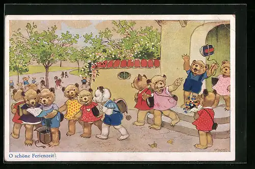 Künstler-AK Fritz Baumgarten: O schöne Ferienzeit, Bärenkinder kommen aus der Schule