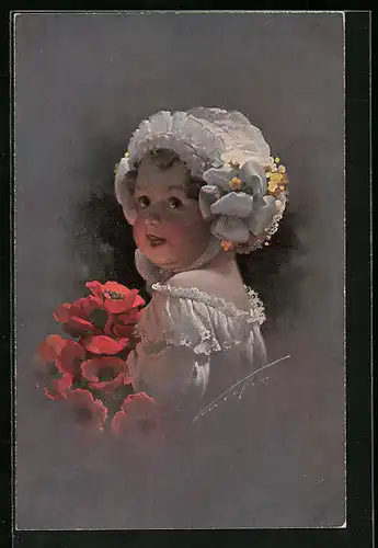 Künstler-AK Ludwig Knoefel: Kleinkind mit Haube und Mohnblumen