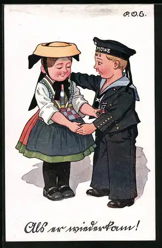 Künstler-AK P. O. Engelhard (P.O.E.): Kleiner Matrose und Mädchen in Tracht