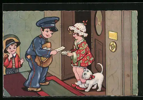 Künstler-AK Postbote überreicht Brief an Dame mit Katze