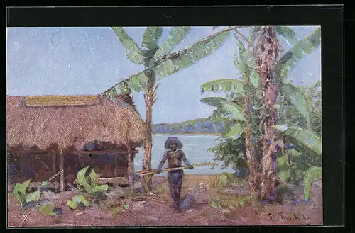 Künstler-AK sign. Prof. Peter Paul Müller: Hütte in Papua Neuguinea