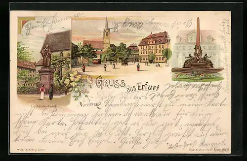 Lithographie Erfurt, Kaufmannskirche, Lutherdenkmal, Monumentalbrunnen