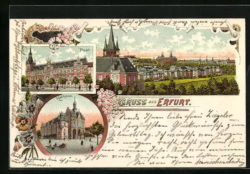Lithographie Erfurt, Ortsansicht mit Rathaus und Post