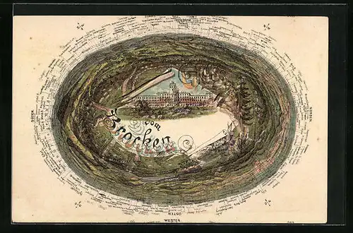 Lithographie Brocken, Brockenhaus mit Himmelsrichtungen