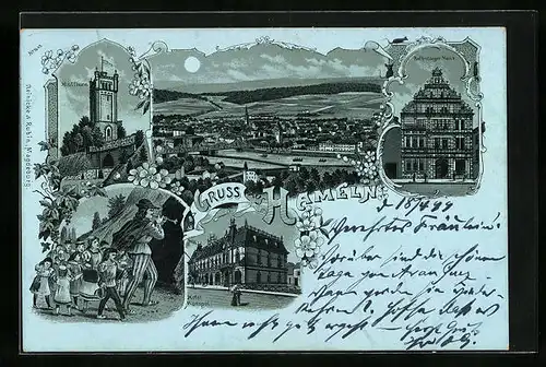 Mondschein-Lithographie Hameln, Hotel Monopol, Rattenfänger-Haus, Klütturm