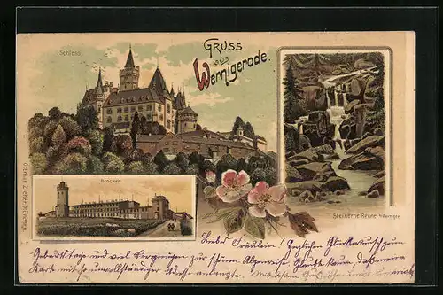 Lithographie Wernigerode, Schloss, Brocken, Steinerne Renne
