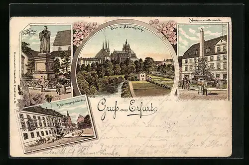 Lithographie Erfurt, Dom und Severikirche, Regierungsgebäude, Monumentalbrunnen