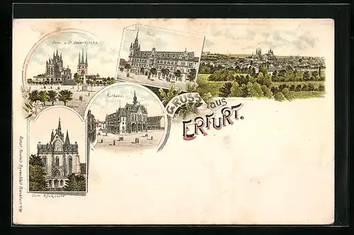 Lithographie Erfurt, Dom u. St. Severikirche, Dom Rückseite, Rathaus