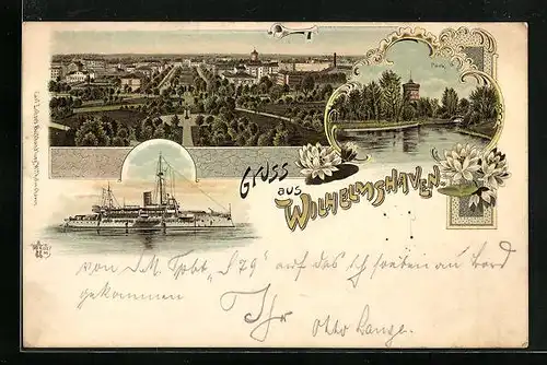 Lithographie Wilhelmshaven, Stadtpanorama, Parkanlage & Kriegsschiff der kaiserlichen Marine