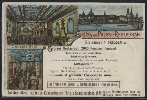 Lithographie Dresden, Palast-Restaurant Ferdinandstr. 4, Eingang & Konzertsaal