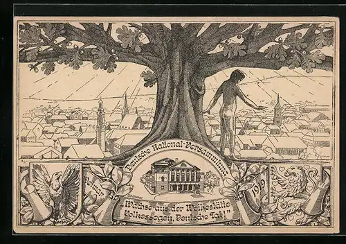 Künstler-AK Weimar, Deutsche National-Versammlung 1919, Akt unter Eiche mit Stadt-Panorama