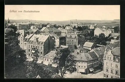 AK Löbau, Promenadenring Ecke Bahnhofstrasse mit Kaffee-Gross-Rösterei vom Nicolaiturm gesehen