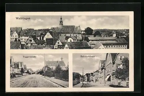 AK Waiblingen, Bahnhofstrasse, Fuggerstrasse, Panorama mit Kirche