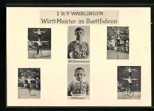 AK Waiblingen, Württ. Meister im Duettfahren des IRV Waiblingen, Knabe & Bursche mit Kunst-Fahrrad, Einrad & Medaillen