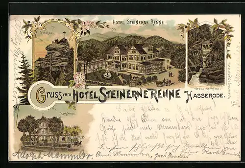 Lithographie Hasserode, Hotel Steinerne Renne, Logirhaus, Wasserfall, Ottofels