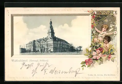 Passepartout-Lithographie Wolfenbüttel, Herzogliches Schloss, Putten mit Blumen und Brief