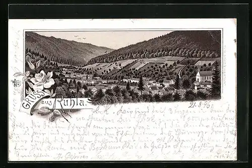 Lithographie Ruhla, Panorama mit Gebirgszug