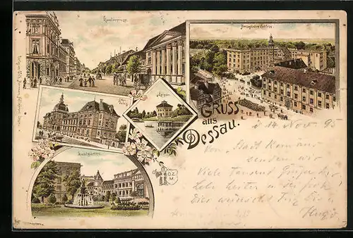 Vorläufer-Lithographie Dessau, 1895, Kavalierstrasse, Lustgarten, Herzogl. Schloss