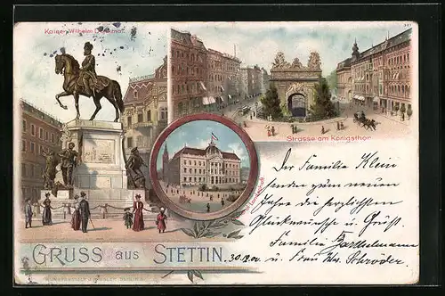 Lithographie Stettin, Kaiser Wilhelm Denkmal, Strassenpartie am Königsthor