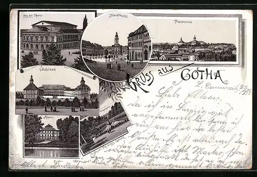 Lithographie Gotha, Schloss, Hauptmarkt, Panorama