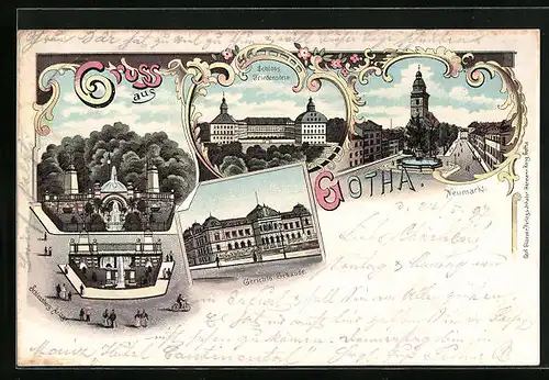 Lithographie Gotha, Schloss Friedenstein, Neumarkt, Gerichts-Gebäude