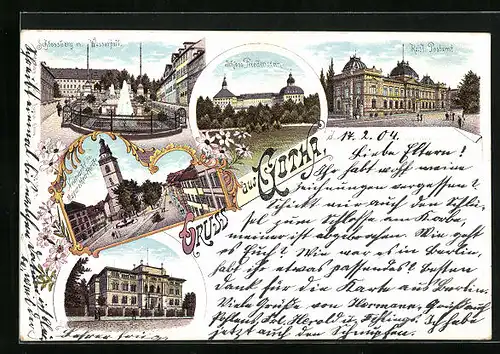 Lithographie Gotha, Schlossberg und Wasserfall, Lebens-Versciherungs-Bank, kaiserl. Postamt