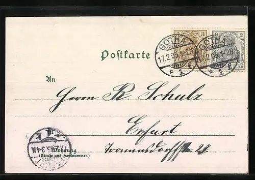Lithographie Gotha, Schlossberg und Wasserfall, Lebens-Versciherungs-Bank, kaiserl. Postamt