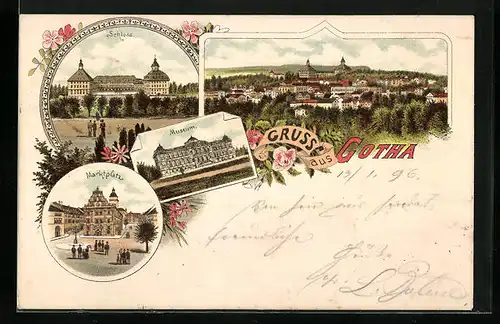 Lithographie Gotha, Schloss, Museum, Marktplatz
