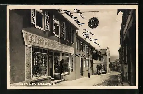 AK Rüdesheim /Rh., Schmidtstrasse mit Lebensnmittelgeschäft Hermani