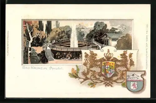 Passepartout-Lithographie Bad Nauheim, Sprudel mit Umgebung, geprägte Wappen