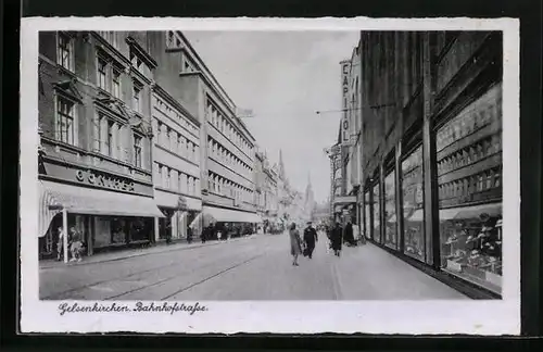 AK Gelsenkirchen, Bahnhofstrasse mit Geschäften