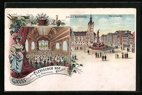 Lithographie Elberfeld, Gasthaus Clevischer Hof (Ballsaal), Neues Rathhaus und Neumarkt aus der Vogelschau