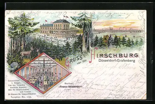 Lithographie Düsseldorf-Grafenberg, Gasthaus I. Ranges (Ballsaal), Hirschburg aus der Vogelschau