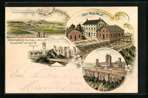 Lithographie Hohensyburg, Hotel Rich. Wulf, Kaiser Wilhelm-Denkmal, Nincke-Thurm