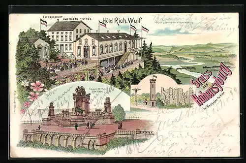 Lithographie Hohensyburg, Hotel Rich. Wulf mit Umgebung, Burgruine Kaiser Wilhelm-Denkmal