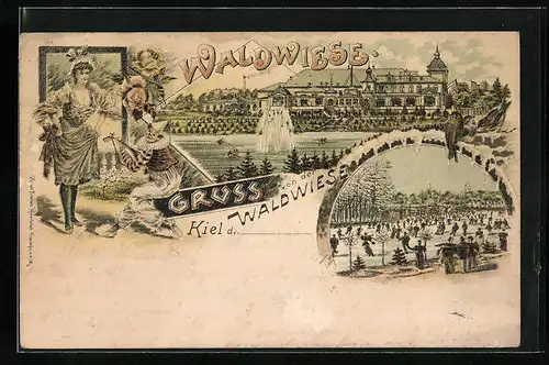 Lithographie Kiel, Gasthaus Waldwiese, Schlittschuhläufer, Dame und Clown mit Mandoline