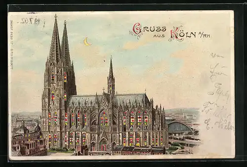 Lithographie Köln a. Rh., Dom aus der Vogelschau, Halt gegen das Licht