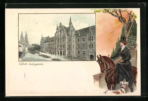 Passepartout-Lithographie Cöln a. Rh., Justizgebäude, Dame beim Ausritt mit Hund