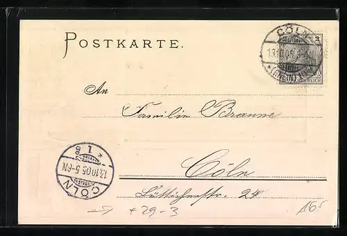 Passepartout-Lithographie Cöln a. Rh., Justizgebäude, Dame beim Ausritt mit Hund