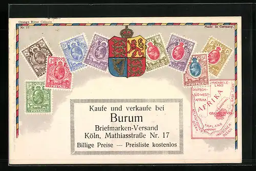 Künstler-AK Köln, Reklame Briefmarken-Versand Burum, Wappen, Briefmarken, Landkarte Afrika, Mathiasstrasse 17