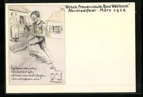 Künstler-AK Weilbach, Wirtschaftliche Frauenschule, Abschiedsfeier 1932