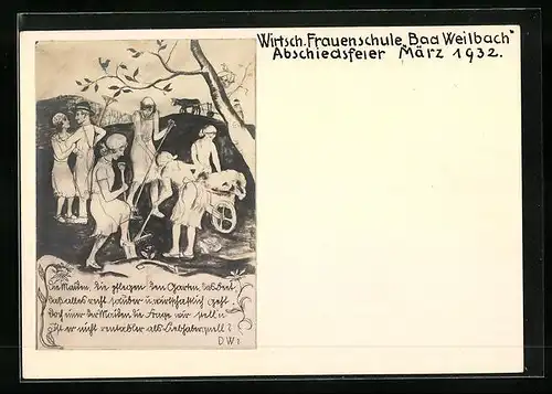 Künstler-AK Weilbach, Wirtschaftliche Frauenschule, Maiden bei der Gartenarbeit 1932