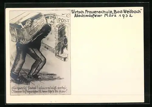Künstler-AK Weilbach, Wirtschaftliche Frauenschule, Ein sperriges Paket, Absolvia 1932
