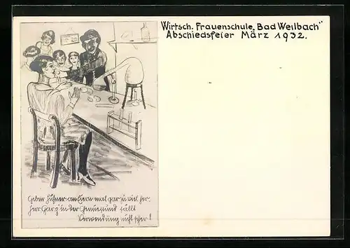 Künstler-AK Weilbach, Wirtschaftliche Frauenschule, Abschiedsfeier 1932, Im Labor
