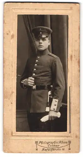 Fotografie Adam, Colmar, Rufacherstr. 18, junger Soldat in Uniform Rgt. 171 mit Bajonett und Portepee
