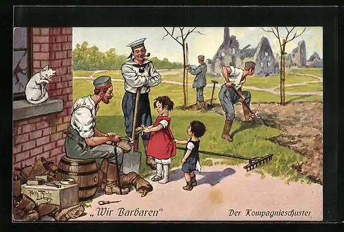 Künstler-AK Arthur Thiele: Der Kompanieschuster - Reihe Wir Barbaren