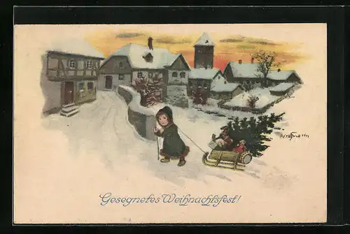 Künstler-AK Ad. Hoffmann: Mädchen mit Geschenken auf Schlitten - Weihnachtsgruss