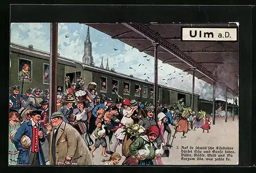 Künstler-AK Arthur Thiele: Ulm, Belebte Szene am Bahnsteig