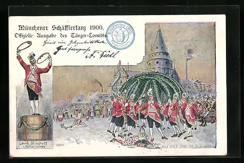 Künstler-AK Münchner Schäfflertanz 1910 - Volkstanz auf dem Fass und vor Münchner Kulisse